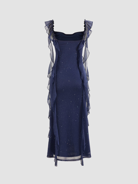 Cowl Neck Solid Glitter Ruffle Hem Maxi Dress