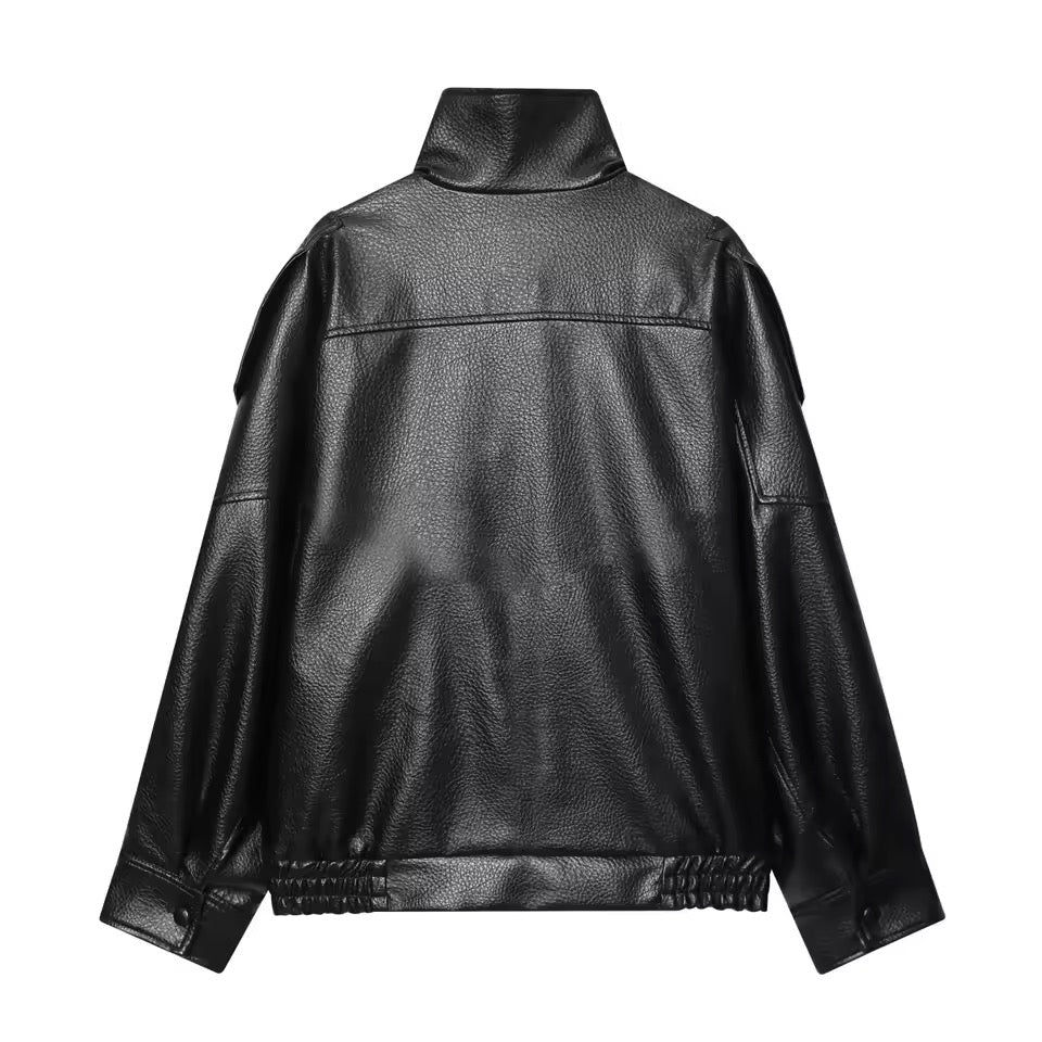TEXTURED WRAP LEATHER JACKET Black