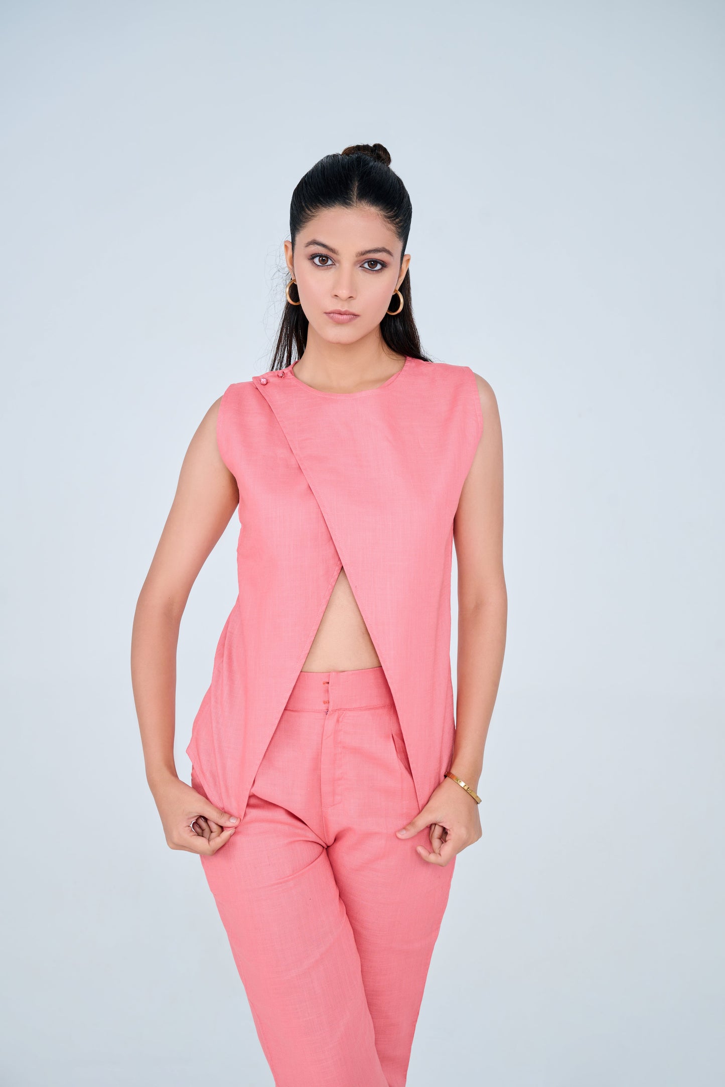 Cotton Blend Slit Formal Co-ord Set ( Peach )