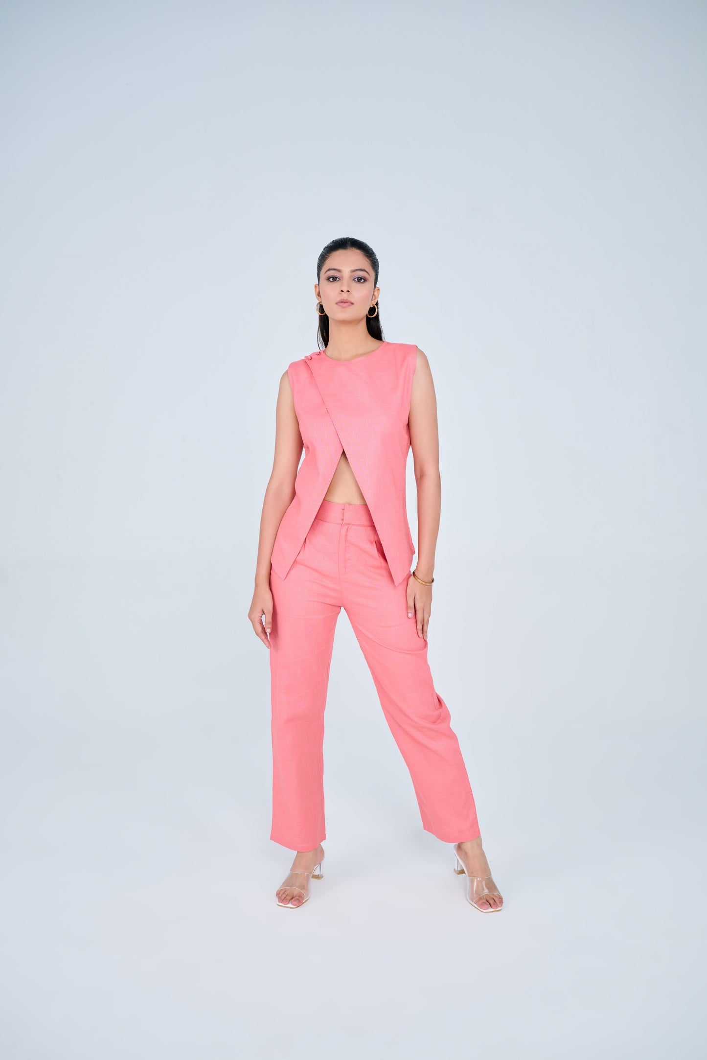 Cotton Blend Slit Formal Co-ord Set ( Peach )