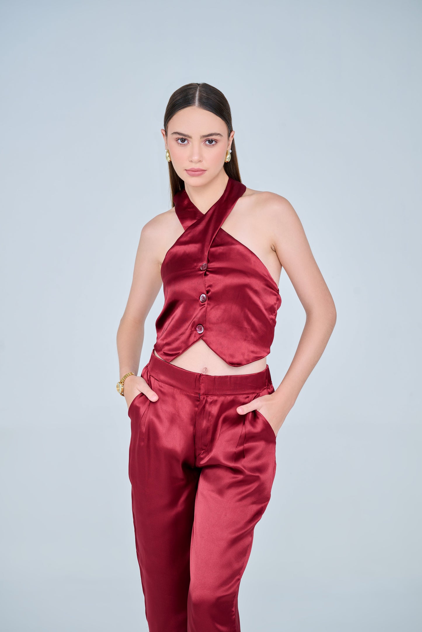 Backless Cross Neck Satin Co-ord Set ( Cherry Red )