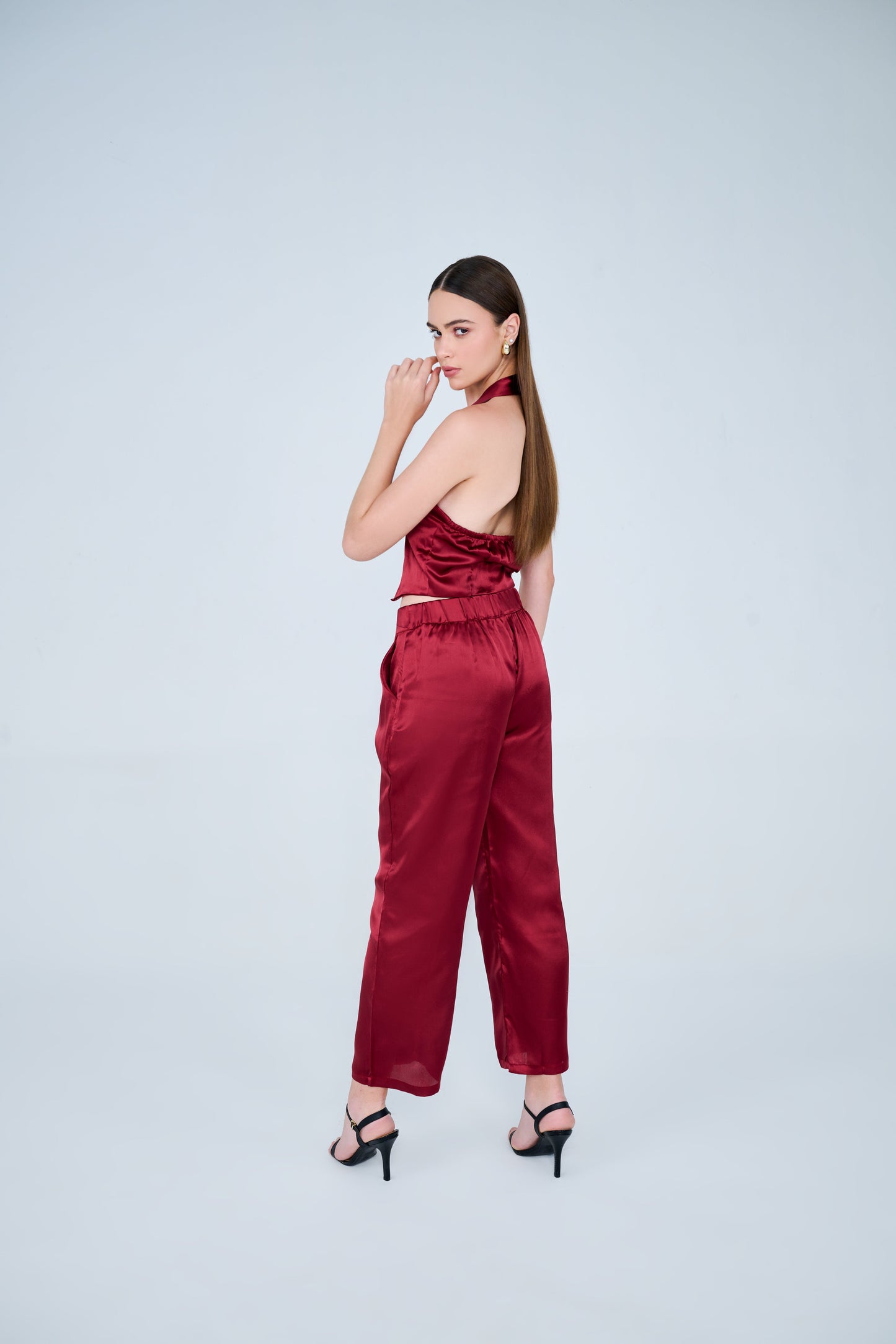 Backless Cross Neck Satin Co-ord Set ( Cherry Red )