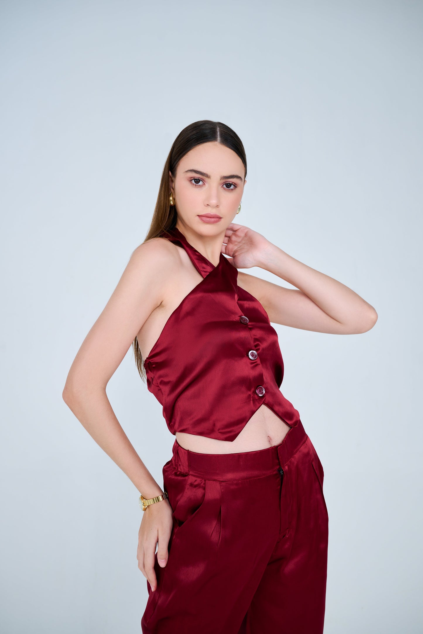 Backless Cross Neck Satin Co-ord Set ( Cherry Red )