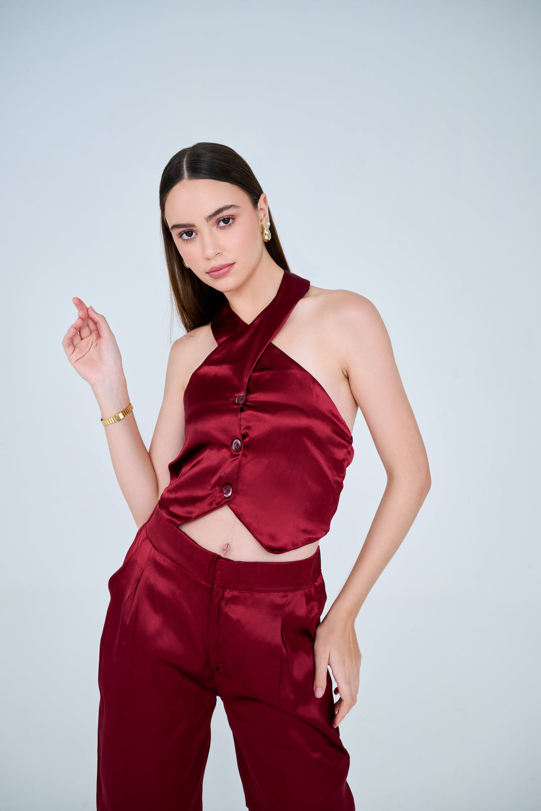 Backless Cross Neck Satin Co-ord Set ( Cherry Red )