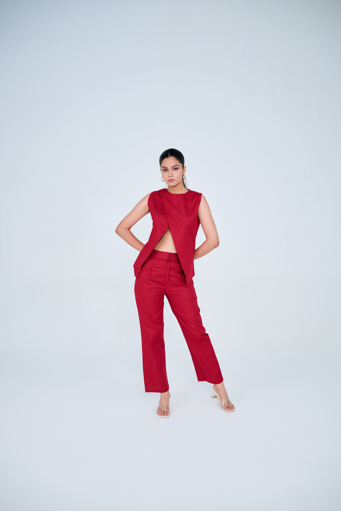 Cotton Blend Slit Formal Co-ord Set ( Red)