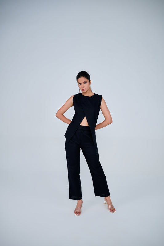 Cotton Blend Slit Formal Co-ord Set ( Black)