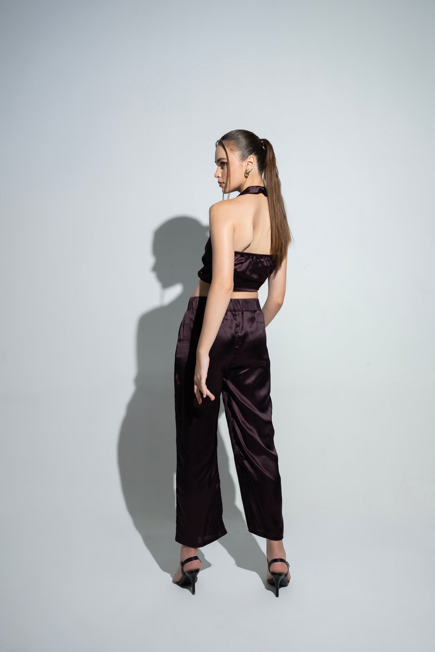 Backless Cross Neck Satin Co-ord Set ( Brown )