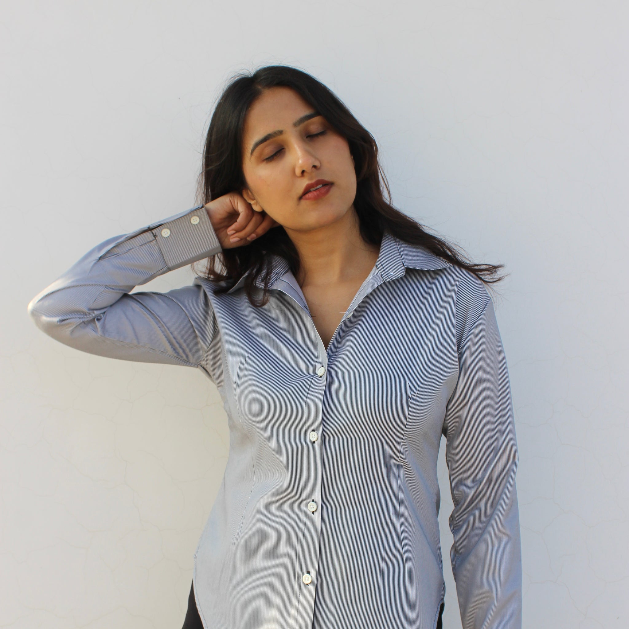 Evonne Corset shirt- Black striped { Belted }