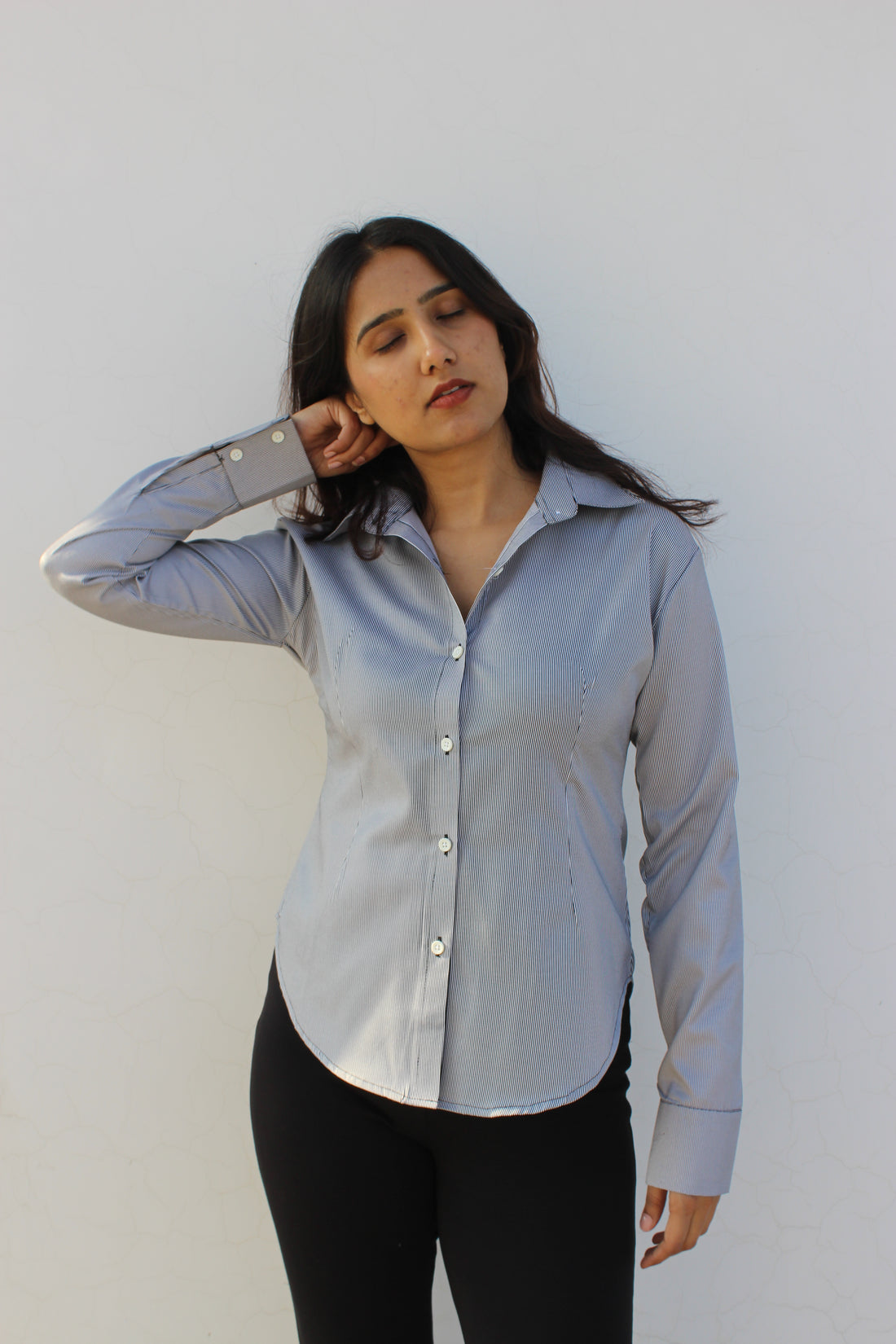 Evonne Corset shirt- Black striped { Belted }