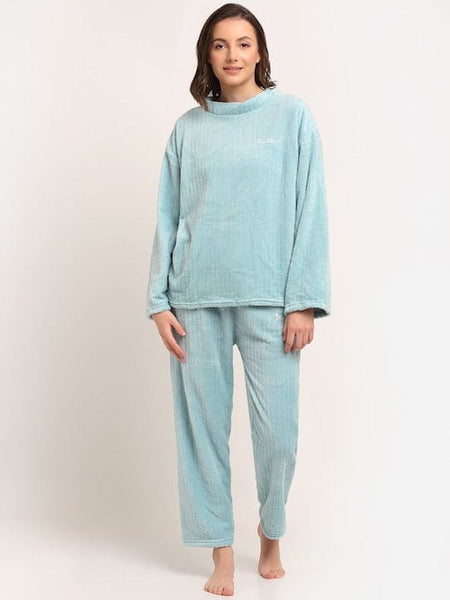 Women Blue Stripped Fleece Night suit FEMENEST