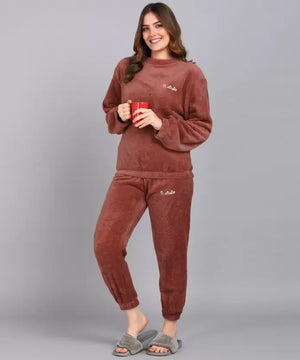 Women Night Suit Set Rust Solid FEMENEST
